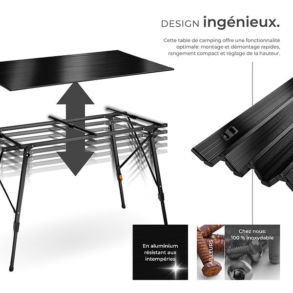 TECTAKE - Table pliante en aluminium Bastian, réglable en hauteur noir - large