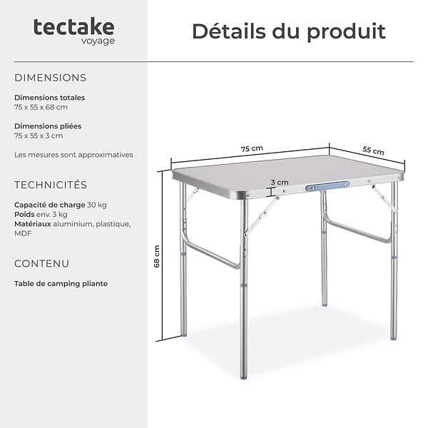 TECTAKE - Table pliante de camping en aluminium 75 x 55 x 68 cm gris - large