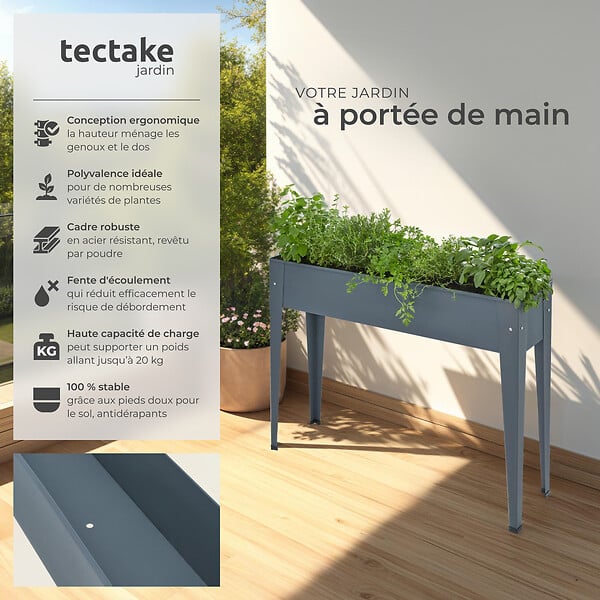 TECTAKE - Carré potager sur pied gris anthracite 98 5x26x82 5cm jardinière surélevée pieds élancés acier laqué poudré trou drainage hauteur travail - large