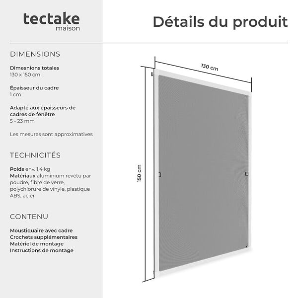 TECTAKE - Moustiquaire avec cadre en aluminium pour fenêtres blanc - large