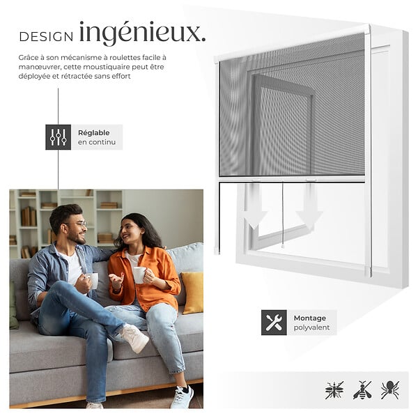 TECTAKE - Moustiquaire store enroulable fenêtre blanc aluminium 130x160cm réglable anti-insectes fibre de verre résistant UV intérieur extérieur - large