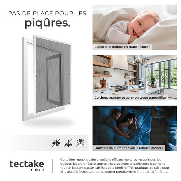 TECTAKE - Moustiquaire avec cadre en aluminium pour fenêtres blanc - large