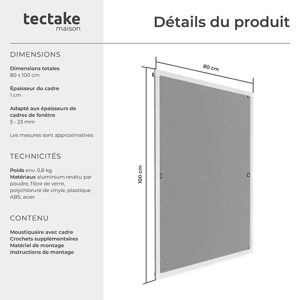 TECTAKE - Moustiquaire avec cadre en aluminium pour fenêtres blanc - large