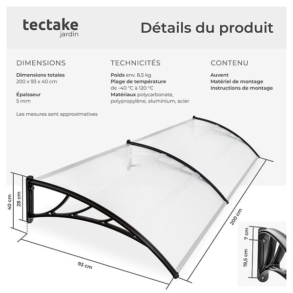 TECTAKE - Marquise blanc transparent - large