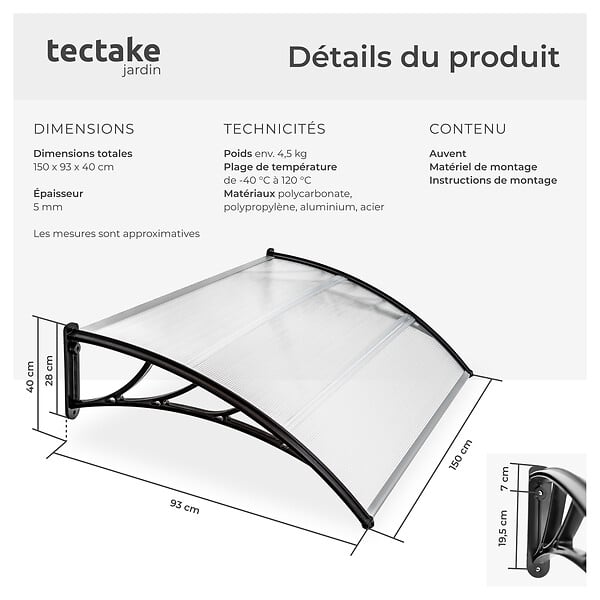 TECTAKE - Marquise blanc transparent - large