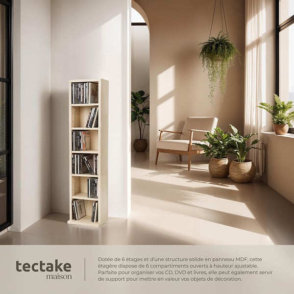 TECTAKE - Étagère Colonne Meuble de Rangement 6 compartiments 90x21x20cm marron hêtre - large