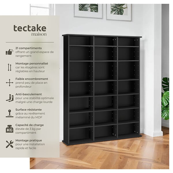TECTAKE - Étagère bibliothèque Stevie 105,5x19x136,5cm noir - large