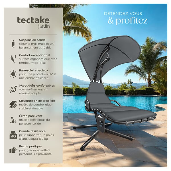 TECTAKE - Fauteuil suspendu en acier gris avec pare-soleil et poche latérale ergonomique 195 cm - large