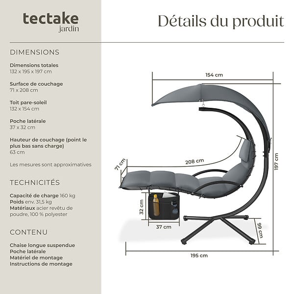 TECTAKE - Fauteuil suspendu en acier gris avec pare-soleil et poche latérale ergonomique 195 cm - large