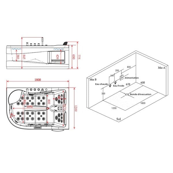 DISTRIBAIN - Baignoire balnéo Kalliste Gauche 47 jets Whirlpool - large