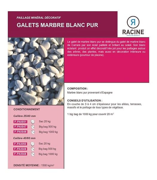 RACINE - Galet marbre blanc pur 25-40mm, 10 filets de 20 kg - F-PAI051-10x20 - large