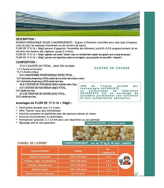 FLORIVERT - Engrais Flori ER 17-5-16   5 MgO (3/4), 25kg, effet starter, fertilisation prolongée - Florivert NEG01811 - large