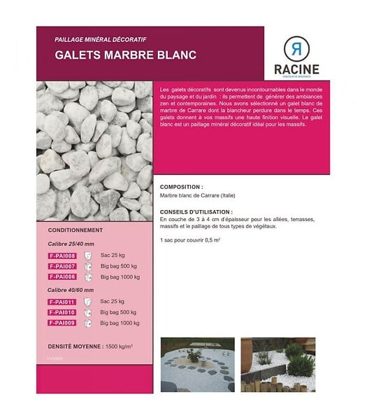 RACINE - Paillage minéral Galet marbre blanc Carrare 40-60mm, 10 sacs 25 kg - F-PAI011-10x25 - large