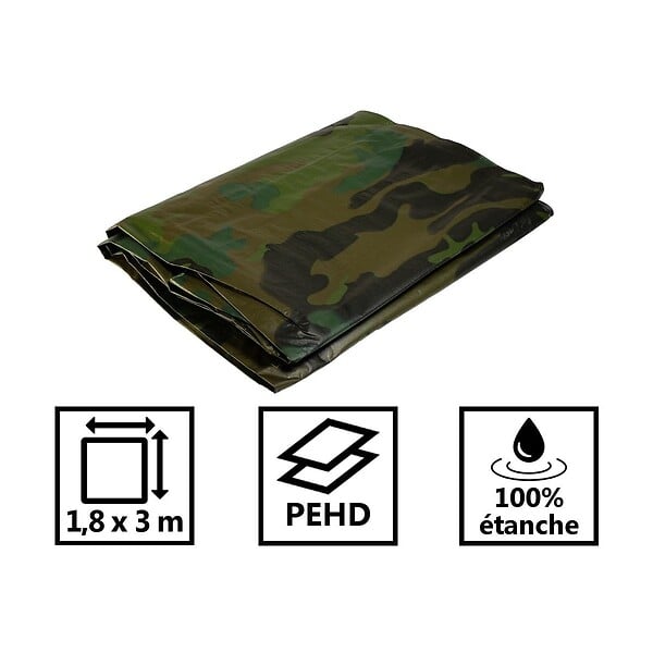 TECPLAST - Bâche de camouflage militaire 1,8x3 m Verte et Noire Polyéthylène 140g/m² KZ GARDEN - large