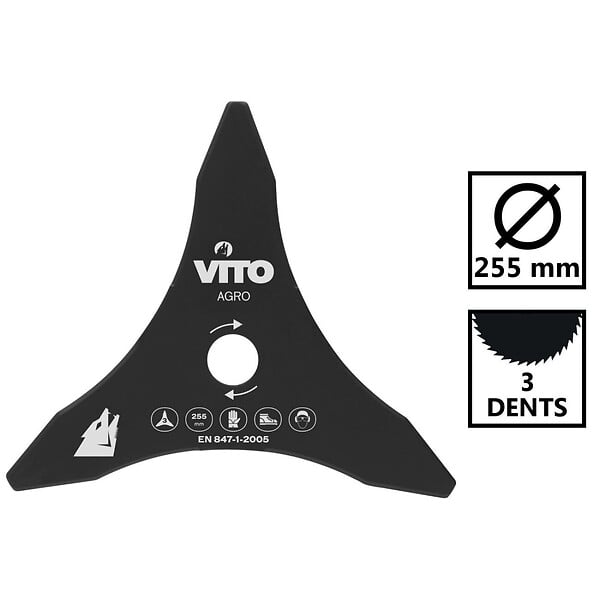 VITO - Lame de coupe pour Débroussailleuse 3 dents Diam 255mm Alesage 25.4 VITO - large