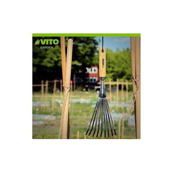 VITO - Balai de jardin à gazon 8 dents 13Cm Manche bois Inox et Fer forgés à la main VITO - large