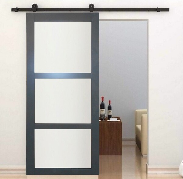 GD MENUISERIES - Porte Coulissante Blakeria Vitrée Gris Anthr H204 x L93 cm, Rail roulettes - large