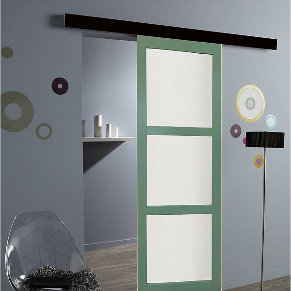 GD MENUISERIES - Porte Coulissante Vert Sauge RAL 6021 Vitrée H204 x L73 cm, rail bandeau noir - large