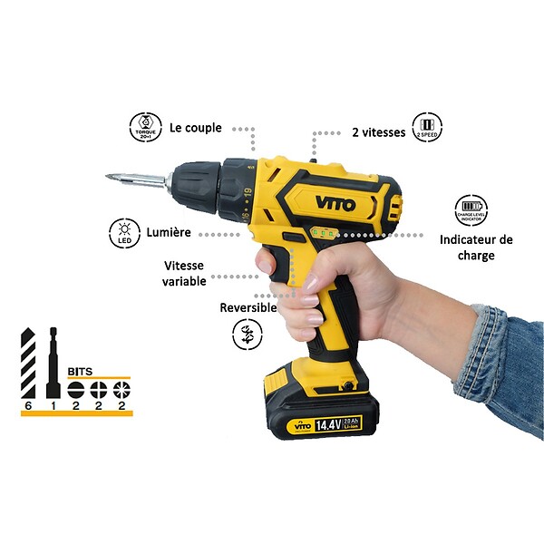 VITO - Perceuse visseuse 14.4V + 3 Batteries lithium 2,0Ah + Chargeur rapide VITO - large