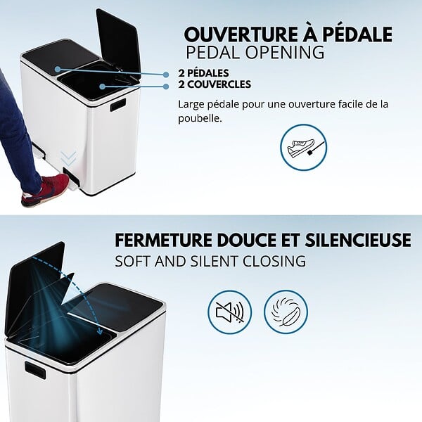 KITCHEN MOVE - Poubelle pédale tri sélectif MAJOR blanc 60L - large
