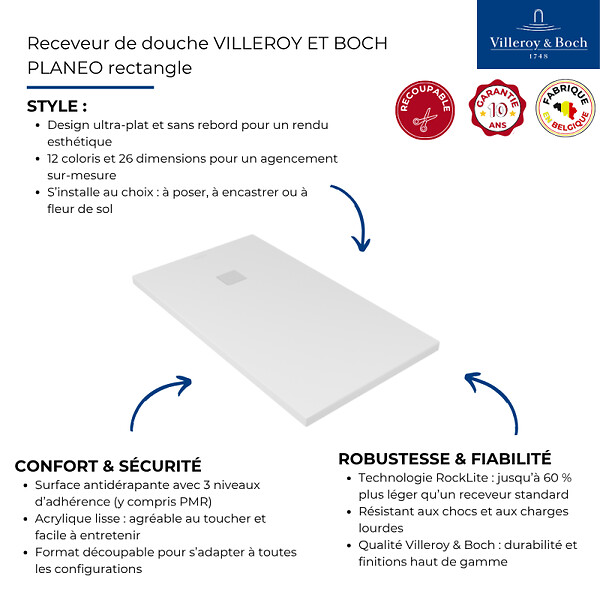 VILLEROY ET BOCH - Receveur 160 x 100  Planeo acrylique rectangle blanc - large