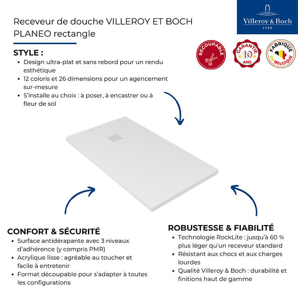 VILLEROY ET BOCH - Receveur 160 x 90  Planeo acrylique rectangle blanc - large