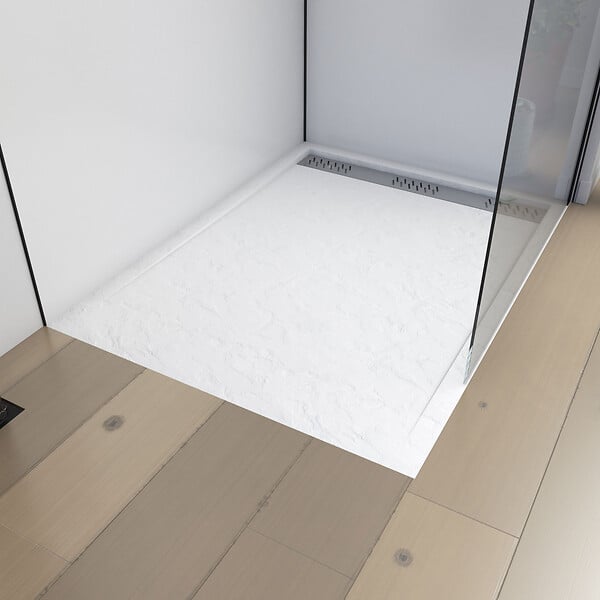 AURLANE - Receveur en acrylique Blanc Effet Pierre 90x120x4 cm - Grille Linéaire Chrome - MOON - large