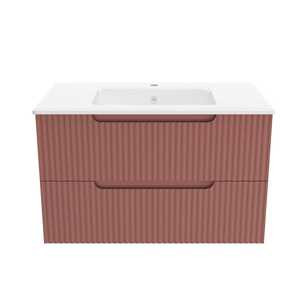 AURLANE - Meuble de Salle de Bains LEON 80cm Terracotta - 2 Tiroirs en MDF Ondulés - Vasque à encastrer - large