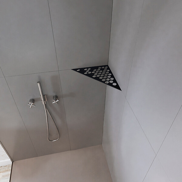 U-TILE - Etagère de douche en acier inox noir 20,4 x 20,4 cm x 2 mm - Triangulaire design Hexagone - fixation sans perçage - large