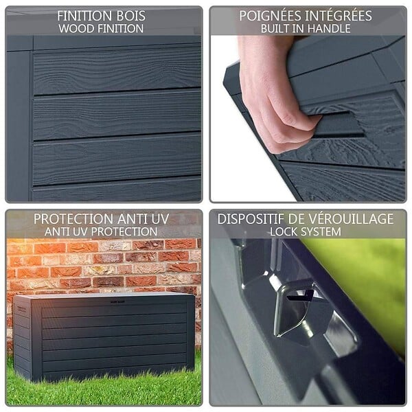 VOUNOT - Coffre de Rangement Exterieur 280L  en PP 116x44x55CM Style Bois Anthracite - large