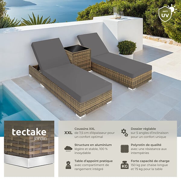 TECTAKE - Lot de 2 bains de soleil en rotin et aluminium marron naturel avec table et housses design - large