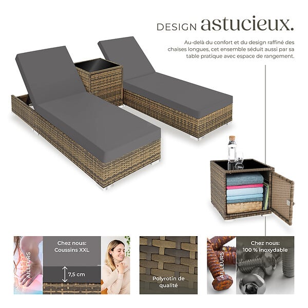 TECTAKE - Lot de 2 bains de soleil en rotin et aluminium marron naturel avec table et housses design - large