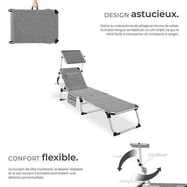 TECTAKE - Chaise longue en aluminium Lorella, rembourrée et pliable gris tacheté - large