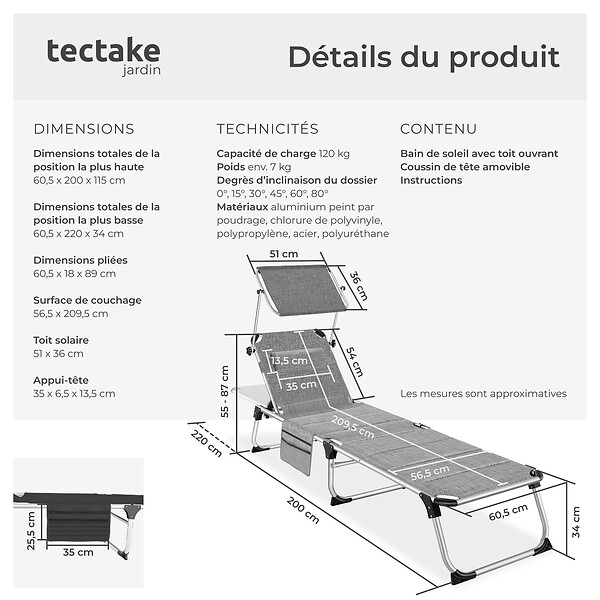TECTAKE - Chaise longue en aluminium Lorella, rembourrée et pliable gris tacheté - large