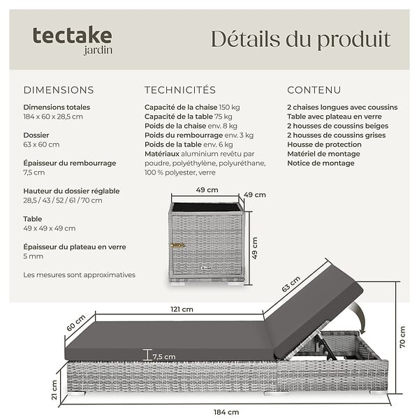 TECTAKE - Lot de 2 bains de soleil luxe résine en tressée aluminium avec table rangement gris - large