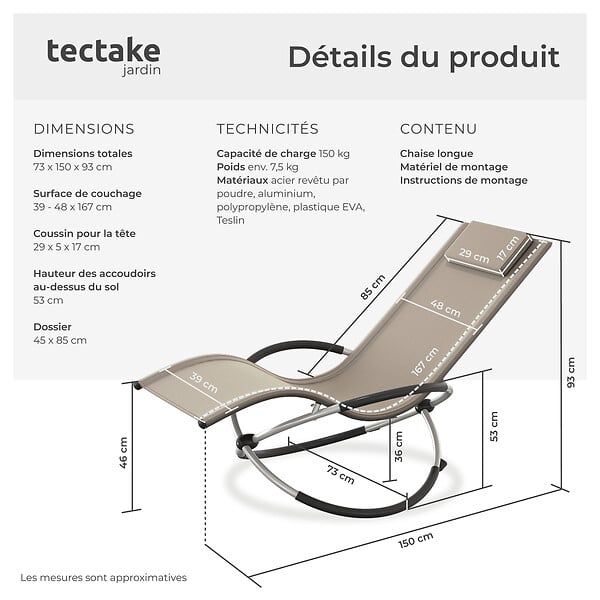 TECTAKE - Bain de soleil Paulina ergonomique, pliable, 150 kg beige - large