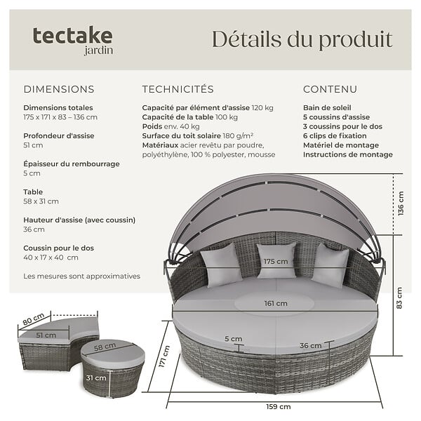 TECTAKE - Bain de soleil rond modulable SANTORIN gris - large
