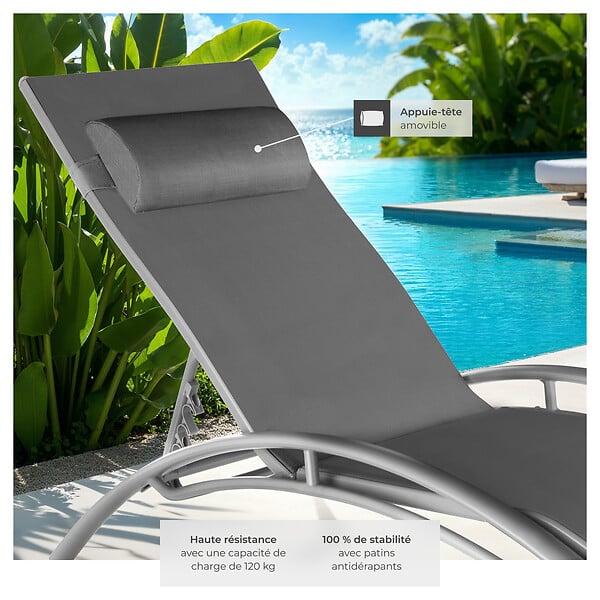 TECTAKE - 2 chaises longues en aluminium, à 5 niveaux gris - large