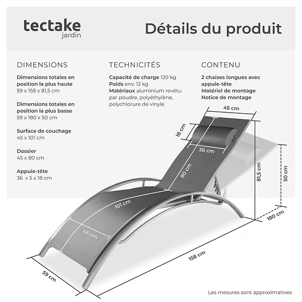TECTAKE - 2 chaises longues en aluminium, à 5 niveaux gris - large