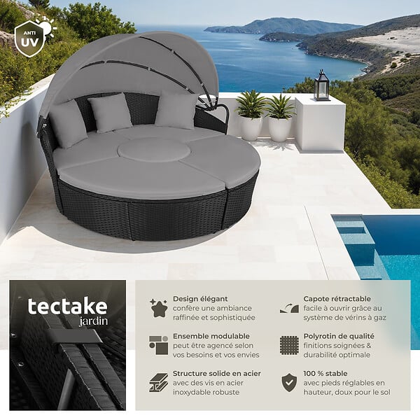 TECTAKE - Bain de soleil rond modulable SANTORIN noir - large