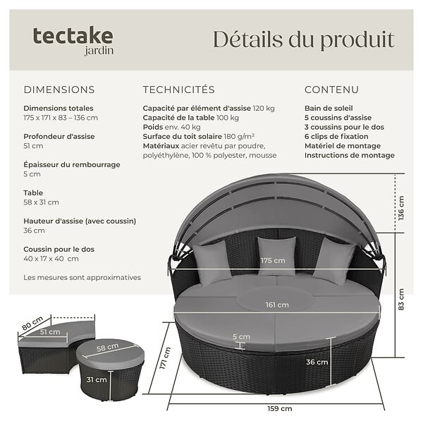 TECTAKE - Bain de soleil rond modulable SANTORIN noir - large