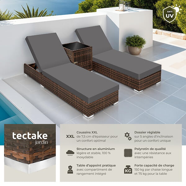 TECTAKE - 2 chaises longues en rotin avec structure en aluminium et table, housse de protection incluse marron - large