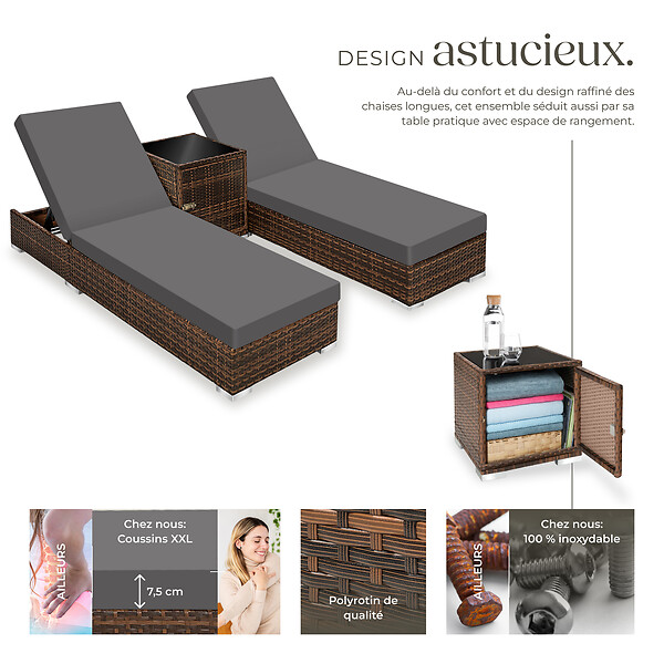 TECTAKE - 2 chaises longues en rotin avec structure en aluminium et table, housse de protection incluse marron - large