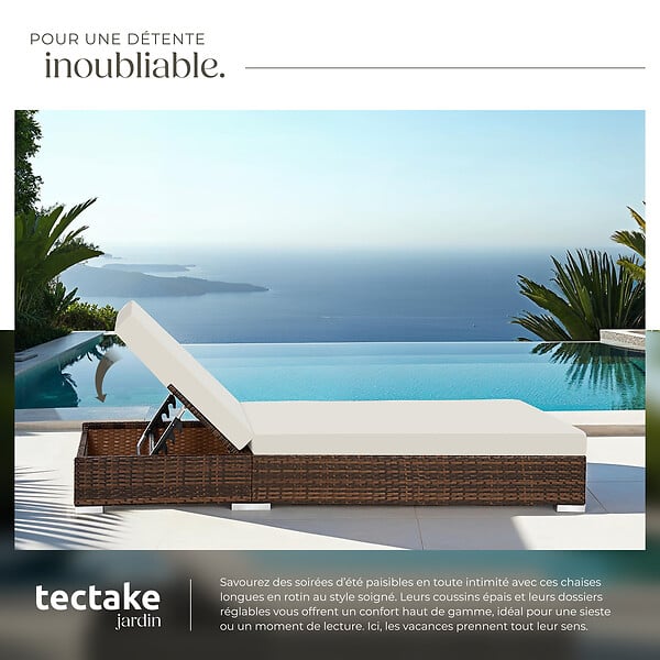 TECTAKE - 2 chaises longues en rotin avec structure en aluminium et table, housse de protection incluse marron - large