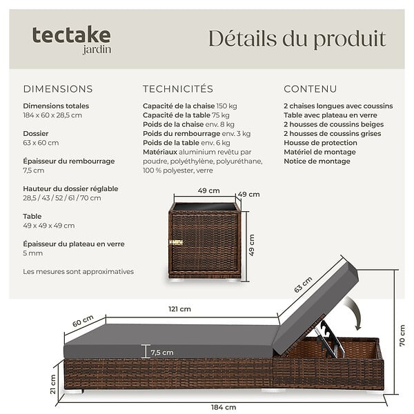 TECTAKE - 2 chaises longues en rotin avec structure en aluminium et table, housse de protection incluse marron - large