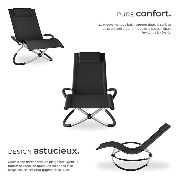 TECTAKE - Bain de soleil Paulina ergonomique, pliable, 150 kg noir - large