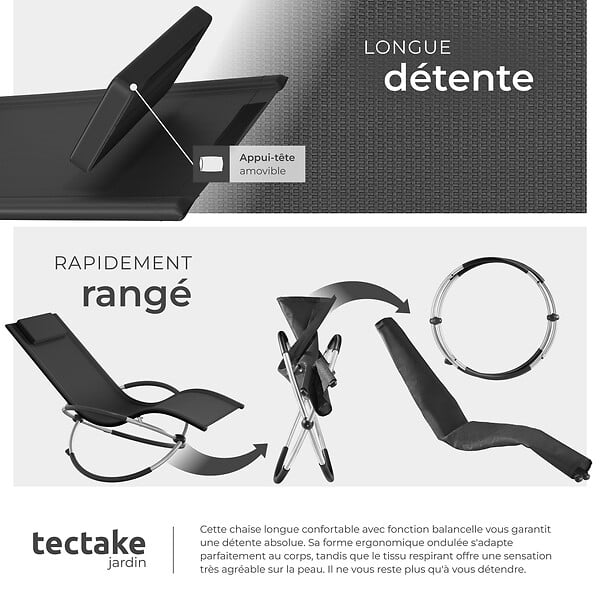 TECTAKE - Bain de soleil Paulina ergonomique, pliable, 150 kg noir - large