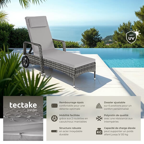 TECTAKE - Bain de soleil métal 6 positions avec roulettes gris/gris clair - large