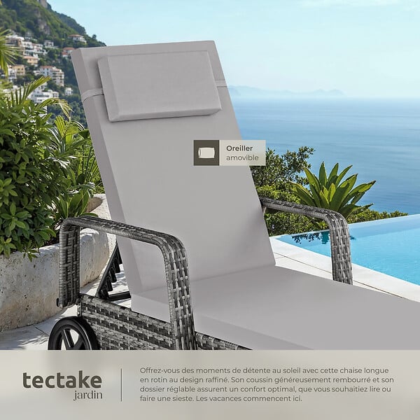 TECTAKE - Bain de soleil métal 6 positions avec roulettes gris/gris clair - large