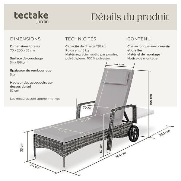 TECTAKE - Bain de soleil métal 6 positions avec roulettes gris/gris clair - large